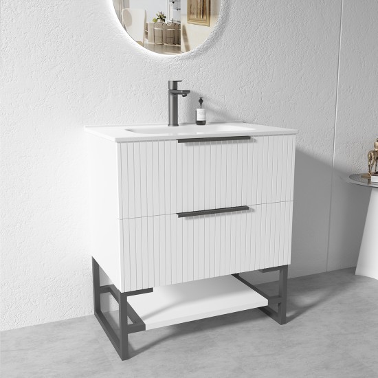 3D-2W 750x450x850mm White Floor Standing Plywood Vanity with Stainless Black Frame Leg And Shelf